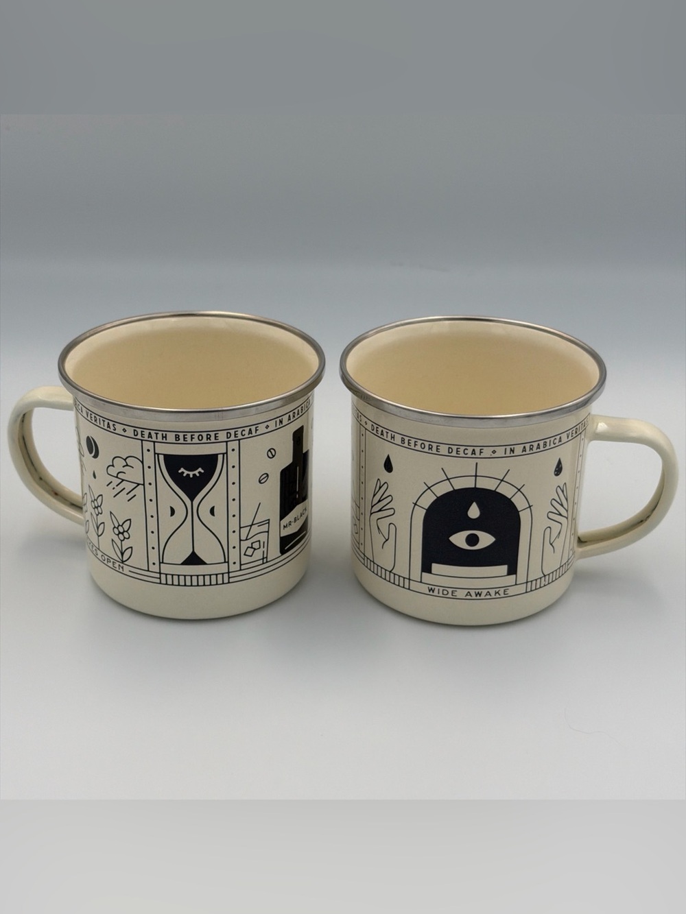 Mr. Black In Arabica Veritas Death Before Decaf Enamel Coffee Mugs Set Of 2 8oz